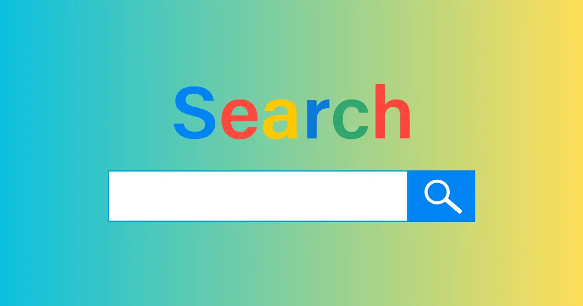 Green and yellow gradient background with a colorful search bar in the middle