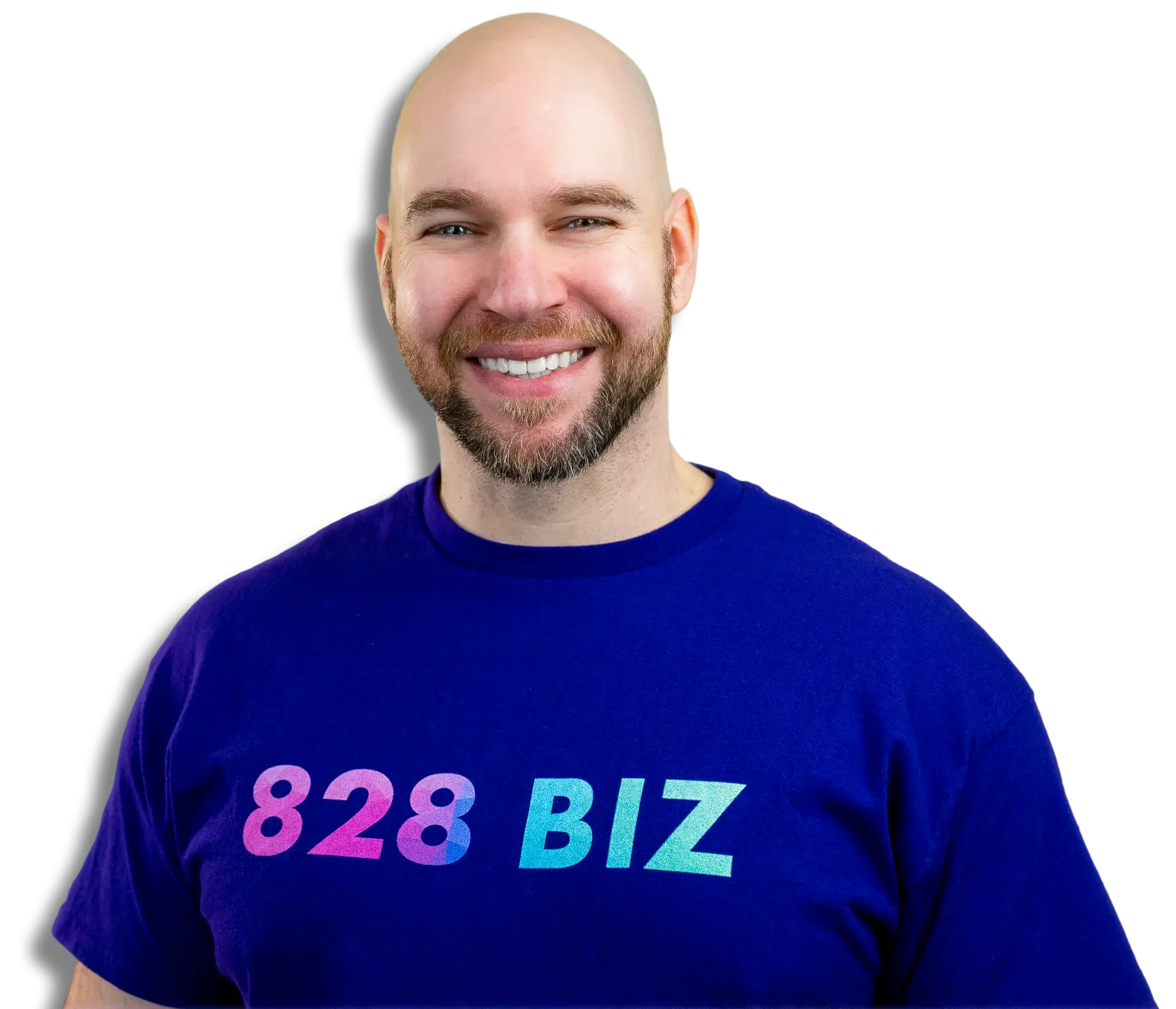 Andrew Murkens smiling and wearing a purple 828 Biz t-shirt