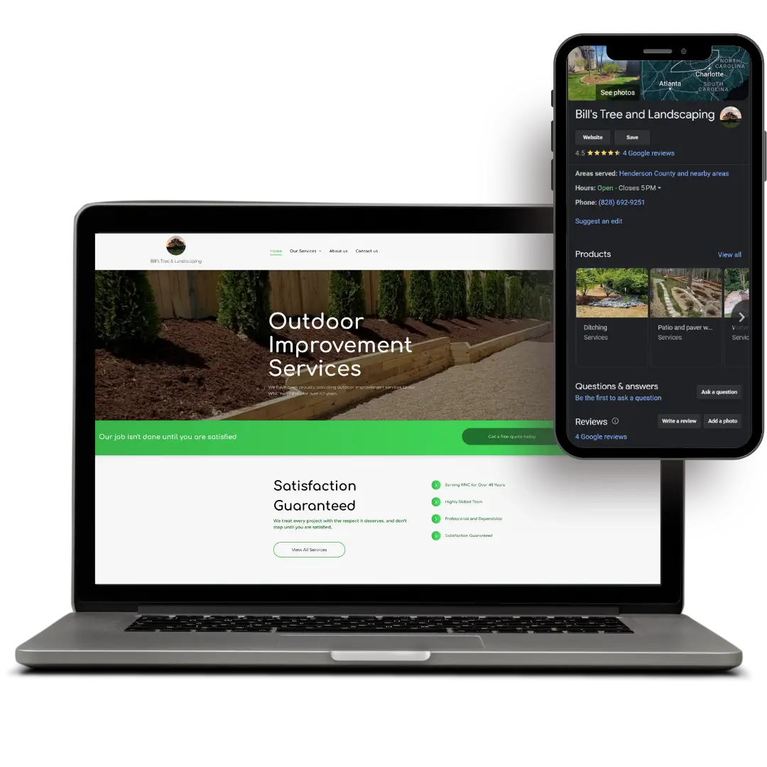 Bill's Tree and Landscaping's website mockup on a MacBook and iPhone