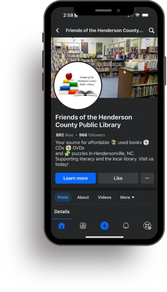 iPhone mockup of Friends of the Henderson County Public Library's Facebook Business Page