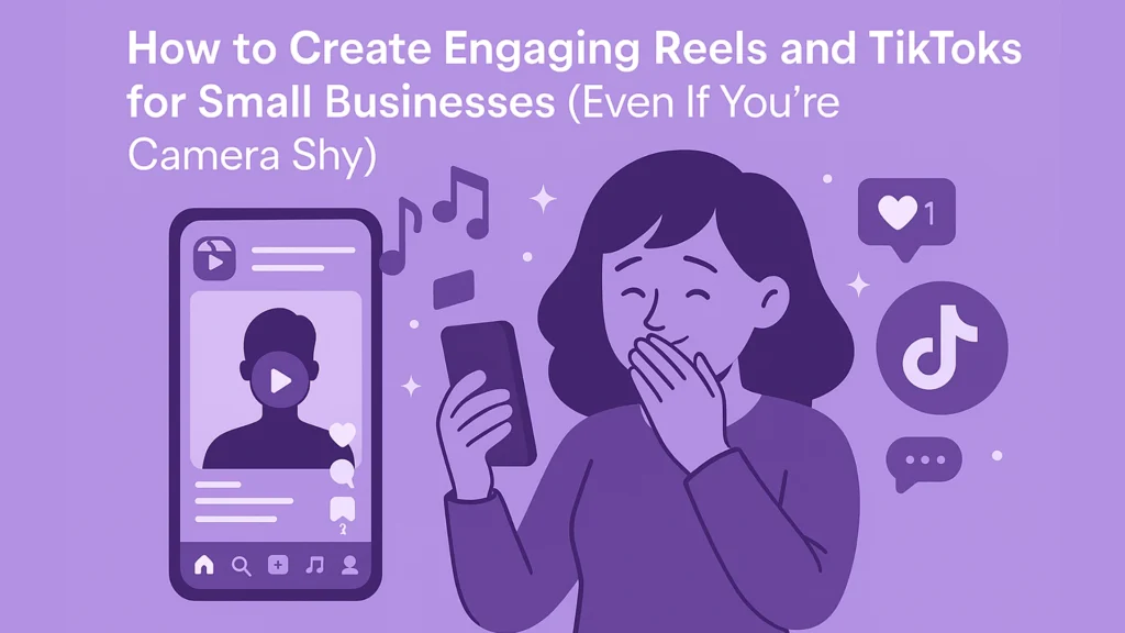 Purple vector art of a lady giggling while watching engaging reels and tiktoks on her phone