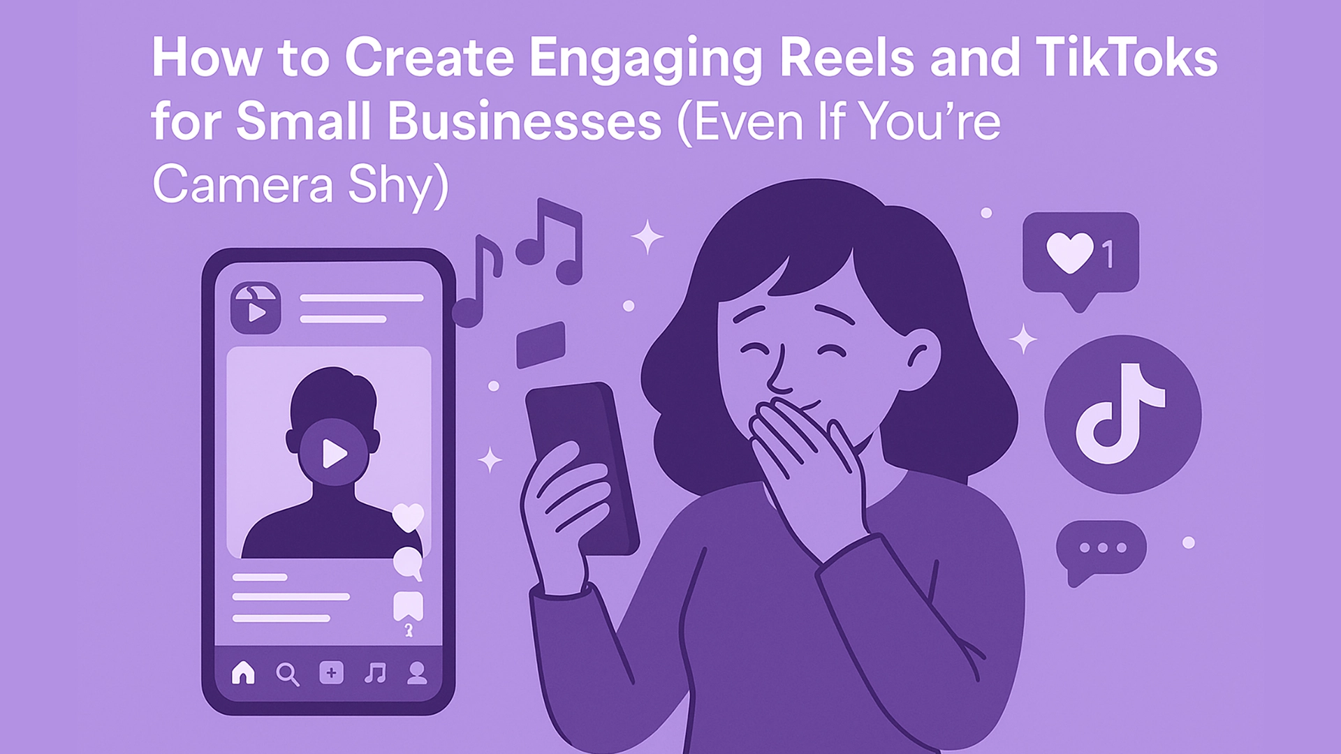 Purple vector art of a lady giggling while watching engaging reels and tiktoks on her phone