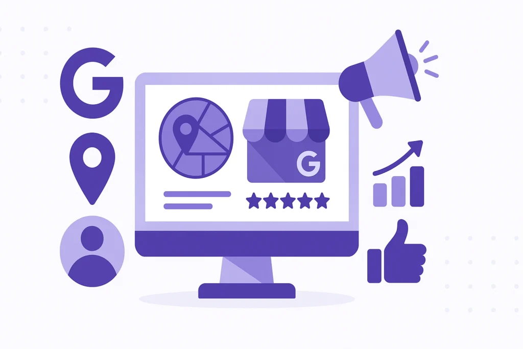 Vector illustration of Google Business Profile tools with darker purple icons on a computer monitor, including map, storefront, reviews, and marketing symbols