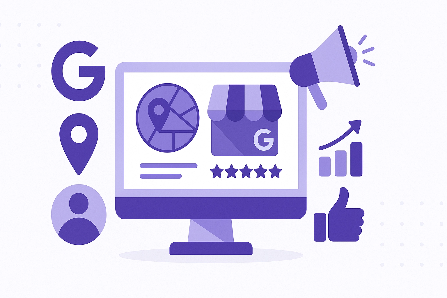 Vector illustration of Google Business Profile tools with darker purple icons on a computer monitor, including map, storefront, reviews, and marketing symbols