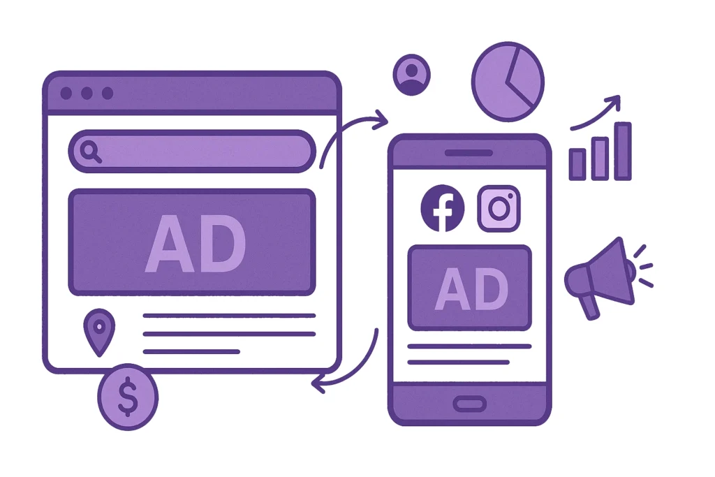 Vector illustration comparing Google Ads and Meta Ads using a browser and smartphone interface in purple, with marketing icons like graphs, location pins, and megaphones