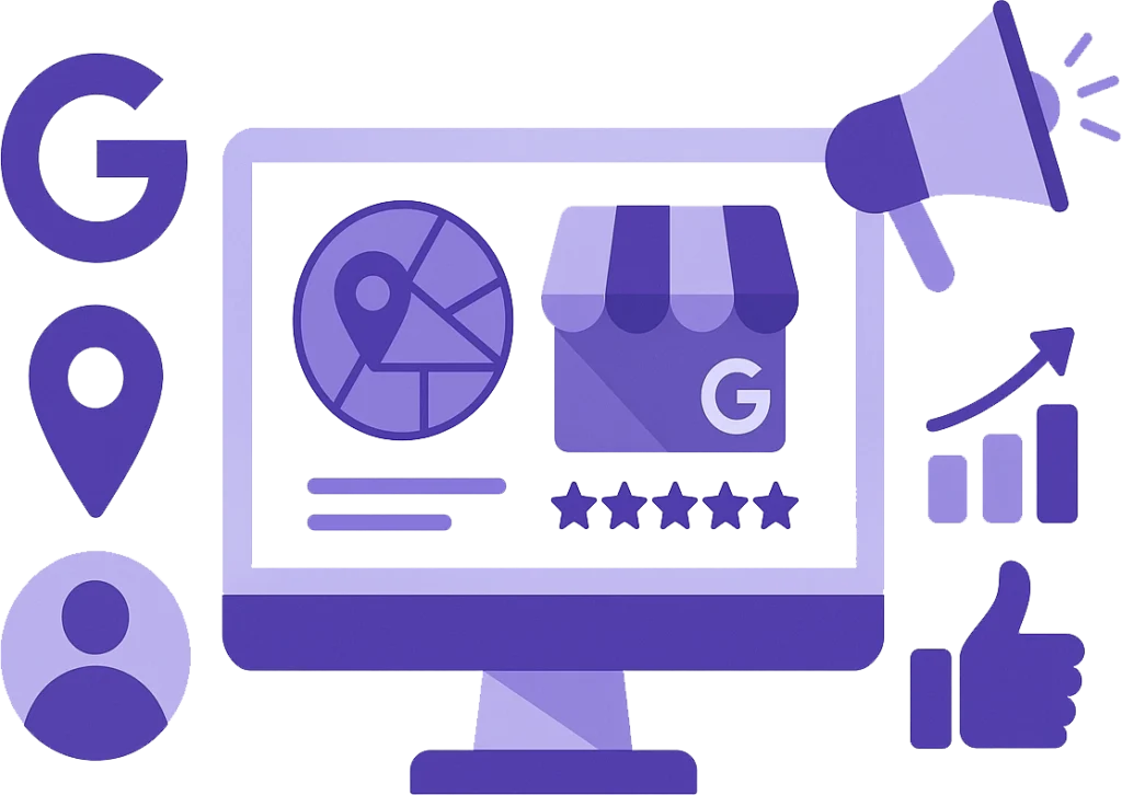 Vector illustration of Google Business Profile tools with darker purple icons on a computer monitor, including map, storefront, reviews, and marketing symbols