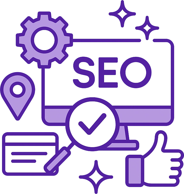 Purple vector illustration of SEO optimization with icons of a gear, map pin, magnifying glass, checkmark, and thumbs-up on a white background, symbolizing local search success and Google Business Profile improvement.