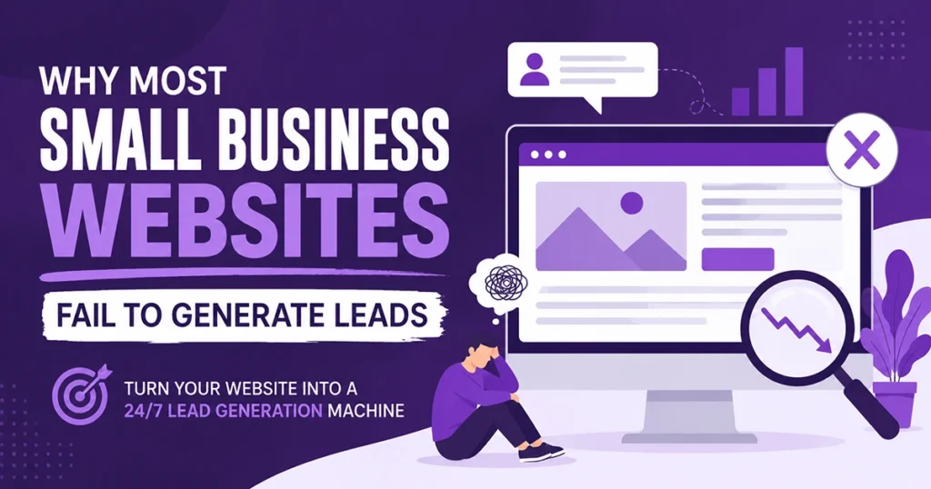 Vector illustration showing why small business websites fail to generate leads, featuring a purple-themed website design, declining analytics, and digital marketing optimization concepts.