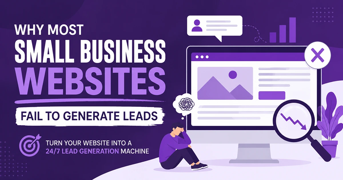 Vector illustration showing why small business websites fail to generate leads, featuring a purple-themed website design, declining analytics, and digital marketing optimization concepts.