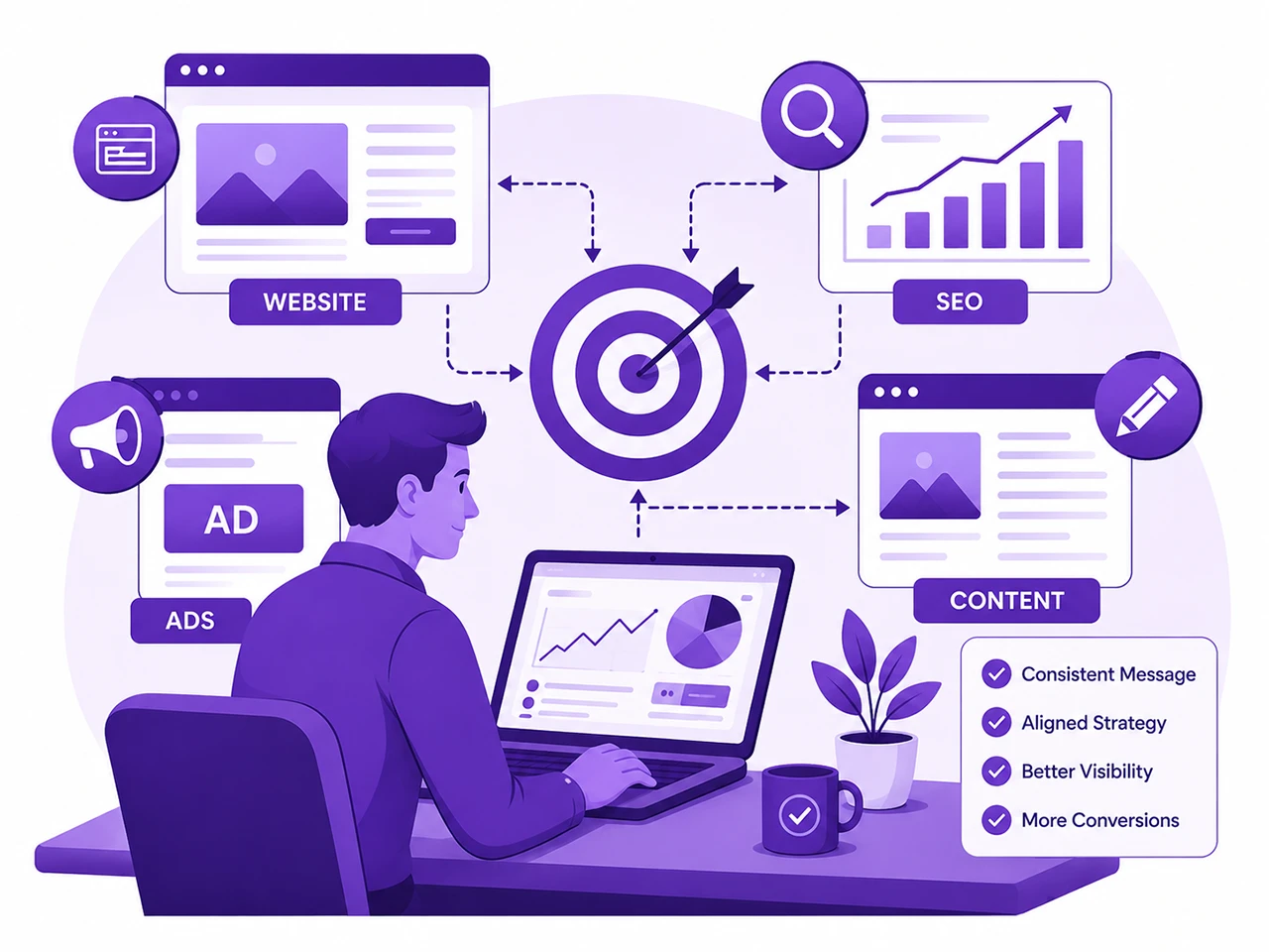 Marketing professional aligning website, SEO, paid advertising, and content strategy to improve business growth and lead generation.