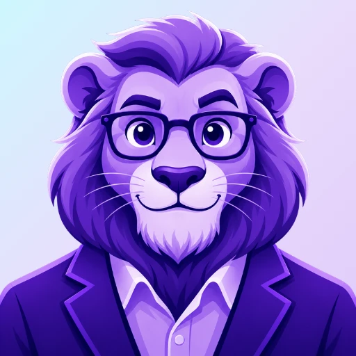 Purple vector-style profile icon of Atlas, a personified male lion with glasses and professional business attire, representing the 828 Biz Marketing's AI Reporting & Insights Analyst.
