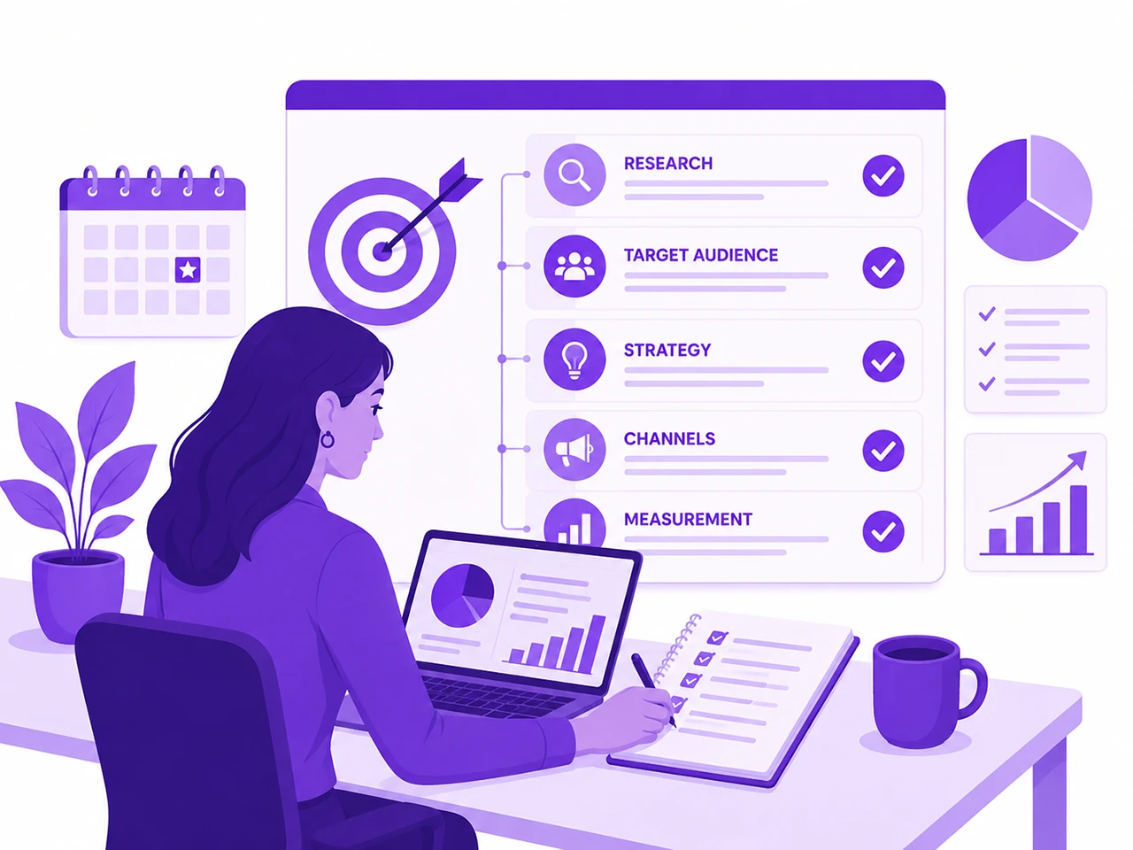 Marketing professional building a strategic marketing plan with goals, audience, channels, budget, and performance tracking.