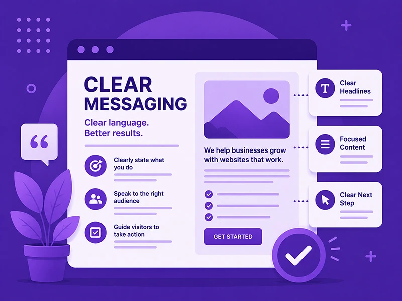 Clear website messaging illustration with headline, focused content sections, audience icons, CTA button, and checkmark in purple vector style.