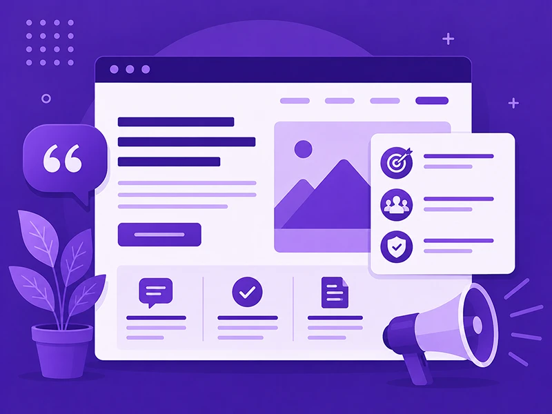 Purple website content strategy illustration with web page layout, audience icon, target icon, checklist, CTA button, and approval checkmark.