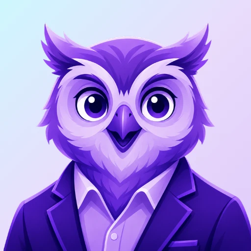 Purple vector-style owl mascot named Finley wearing a professional blazer and collared shirt, designed as the profile icon for the 828 Biz Marking's AI Web Strategy Assistant
