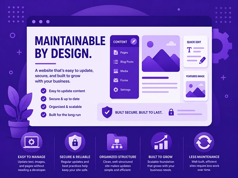Maintainable website design illustration with content management, quick editing, security, organized structure, and scalable website features.