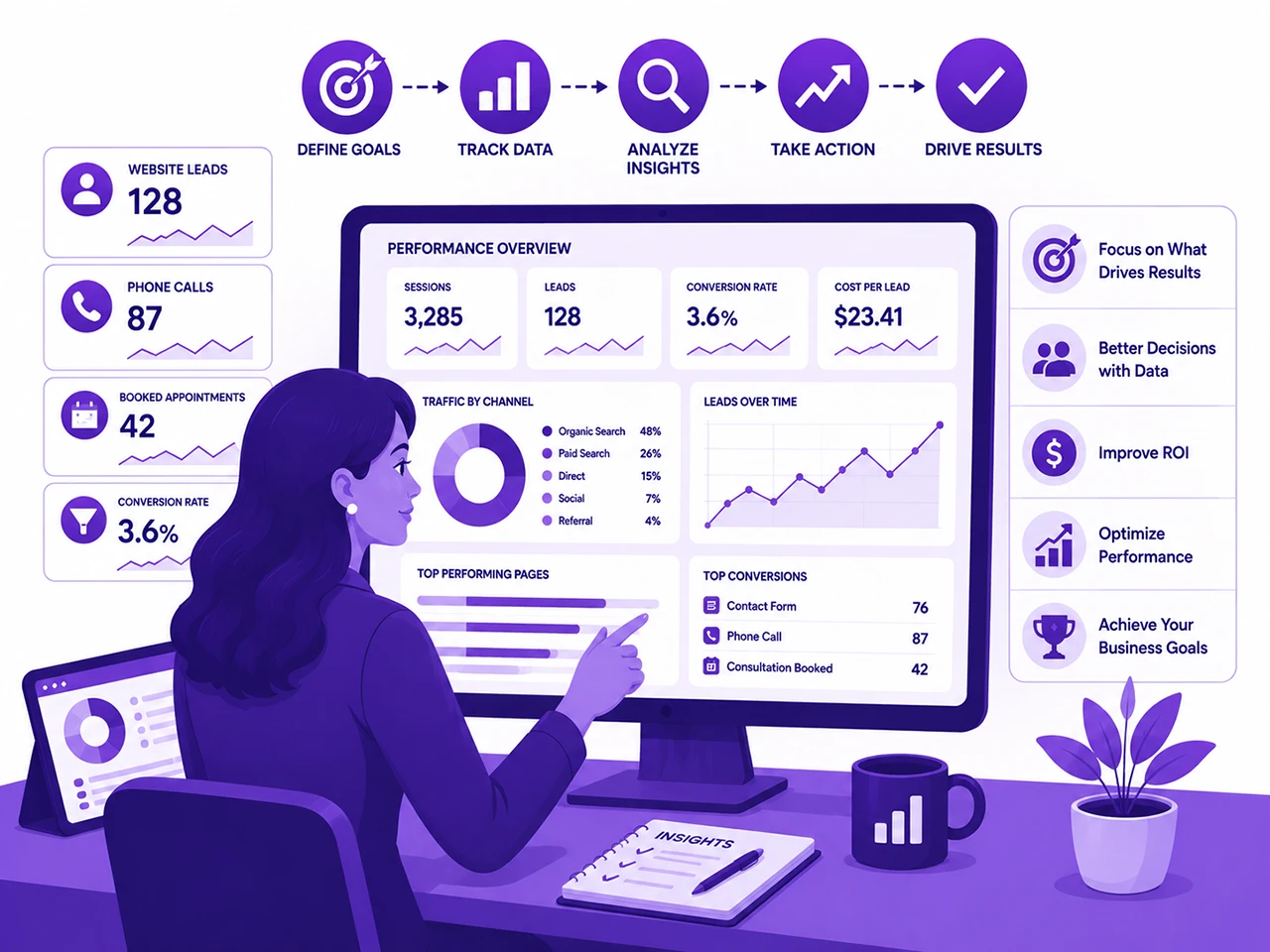 Fractional CMO measuring marketing performance with lead tracking, conversion rates, ROI, and website analytics.