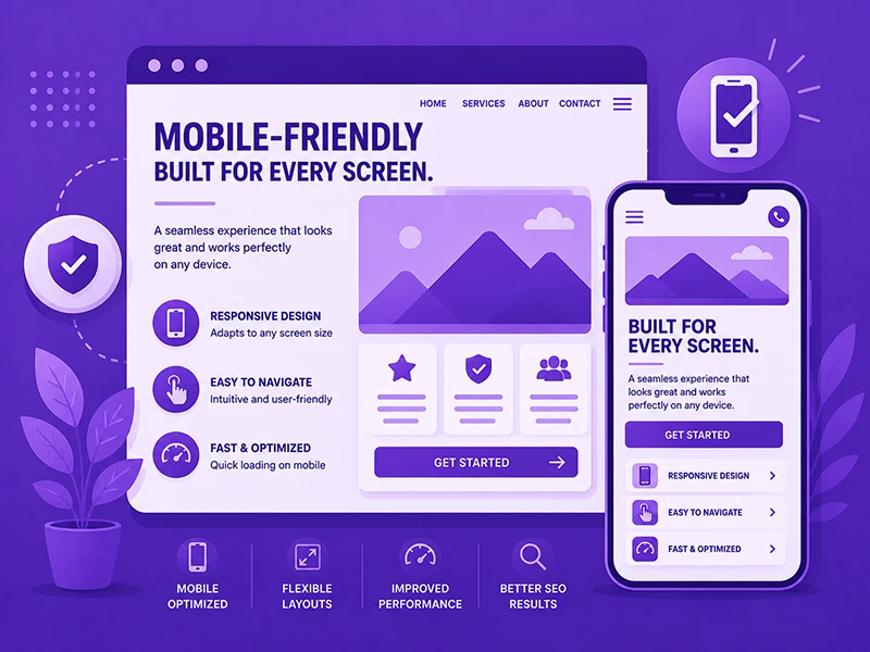 Purple mobile-friendly design illustration with web page layout, icons and a smartphone.