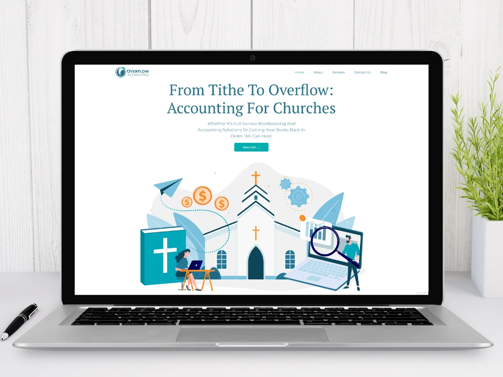 Custom church accounting website design for Overflow Accounting displayed on a laptop by 828 Biz Marketing