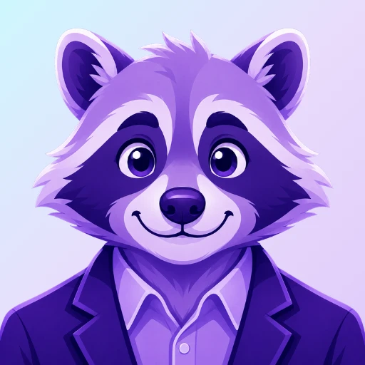 Purple vector-style profile icon of Pax, 828 Biz Marketing's AI Paid Ads Strategist a friendly male raccoon character wearing a dark blazer and collared shirt, smiling against a purple gradient background.