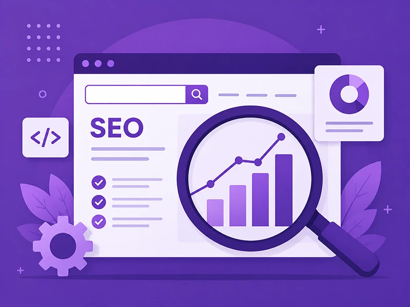 SEO-ready website setup illustration with search dashboard, checklist, code icon, and magnifying glass over website analytics chart.