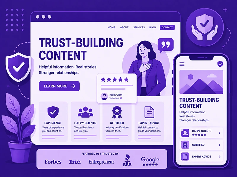 Purple trust-building content illustration showing website and mobile layouts with reviews, testimonials, shield icons, certifications, and client proof.