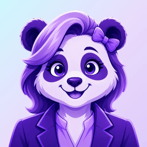 Purple vector-style profile icon of Violet, the 828 Biz Marketing's AI Content Strategist, shown as a friendly female personified panda with lavender hair, a purple bow, expressive eyes, and a purple blazer against a purple gradient background.