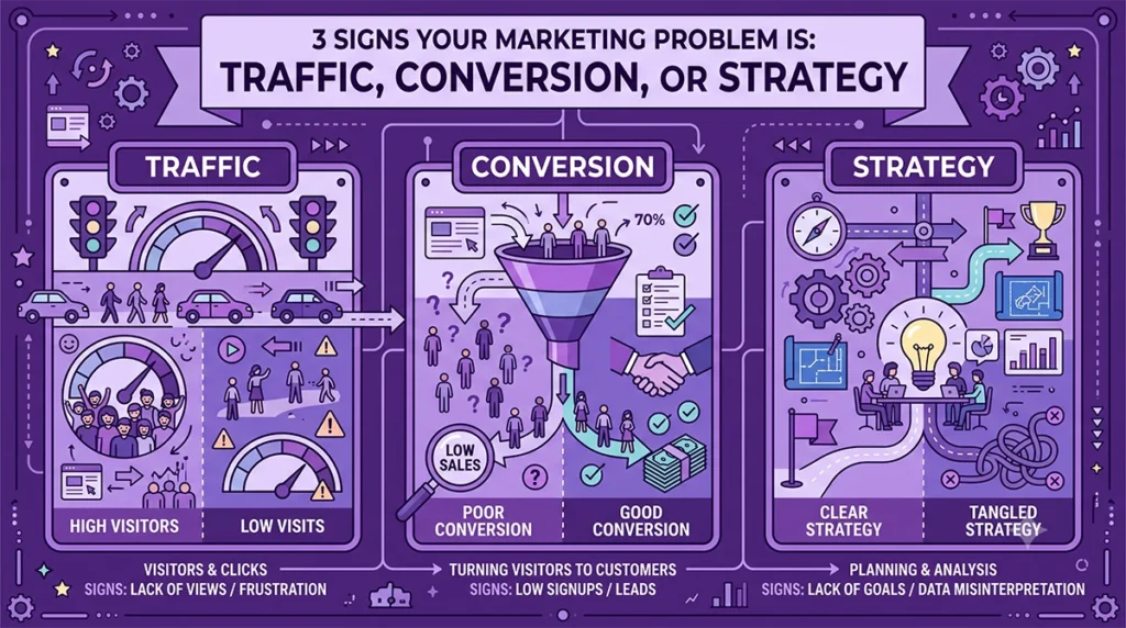 Purple vector art infographic detailing how to diagnose a business marketing problem, split into three panels that analyze traffic, conversion, and strategy issues.