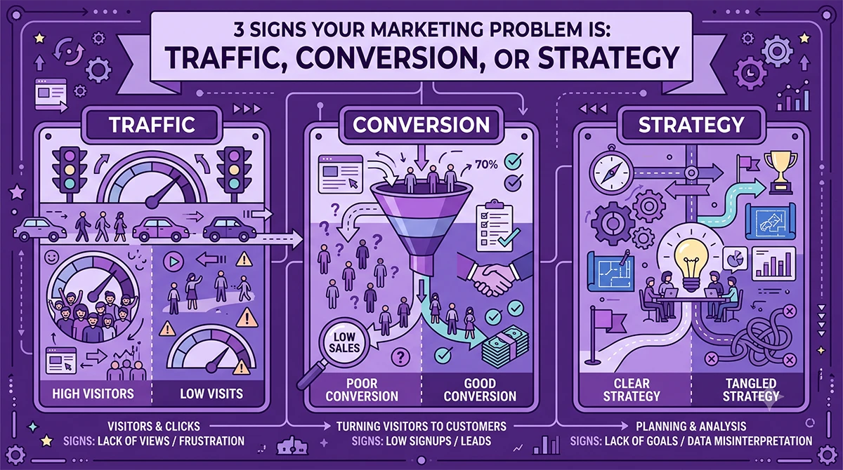Purple vector art infographic detailing how to diagnose a business marketing problem, split into three panels that analyze traffic, conversion, and strategy issues.