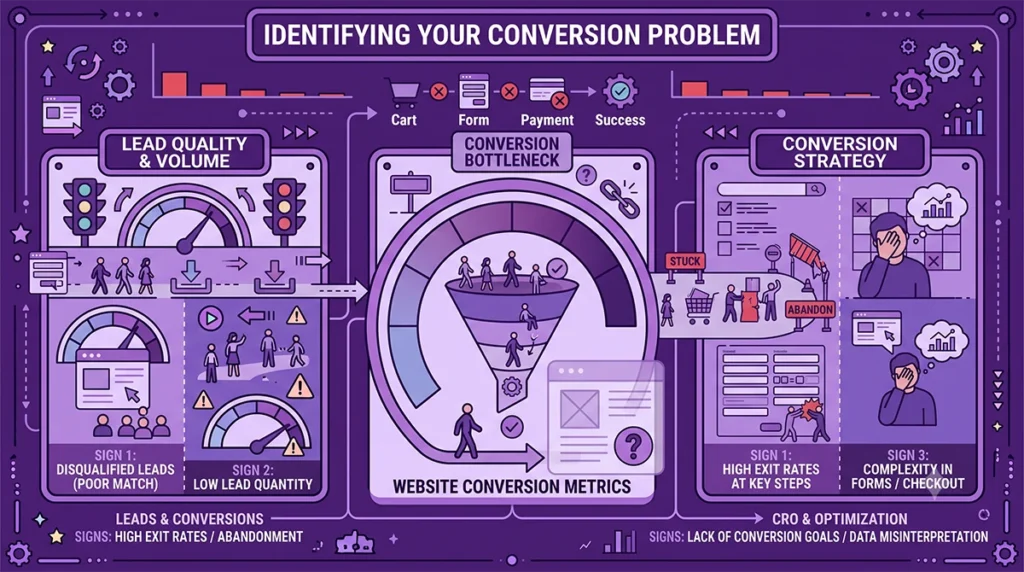 Purple vector art infographic titled 'Identifying Your Conversion Problem,' showing how to diagnose this specific marketing problem. The graphic utilizes three main sections focusing on lead quality, conversion bottlenecks with a sales funnel diagram, and optimization strategy.