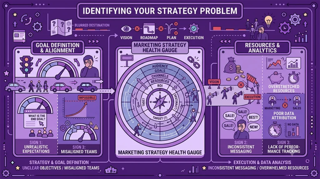 A detailed purple line-art vector infographic titled 'IDENTIFYING YOUR STRATEGY PROBLEM' framed as a diagnosable marketing problem. The top shows a flow from a 'BLURRED DESTINATION' on a map to a lack of vision and ideas. Three main columns break down the issues: 'GOAL DEFINITION & ALIGNMENT' with signs like unrealistic expectations and misaligned teams (left); 'RESOURCES & ANALYTICS' with signs like overstretched resources, inconsistent messaging, and lack of performance tracking (right); and a central 'MARKETING STRATEGY HEALTH GAUGE' with a radar diagram showing conflicting goals, channels, and targets with question marks. The banner at the bottom summarizes the core signs of the strategic marketing problem. Small icons of stressed people, coins, and charts emphasize the difficulties.