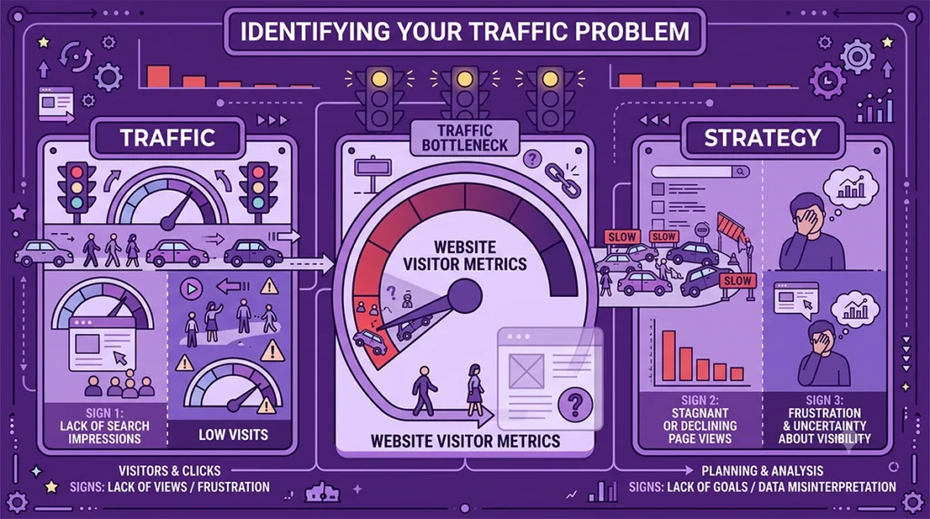An infographic titled 'Identifying Your Traffic Problem,' illustrating a data-driven approach to diagnosing this specific marketing problem. The image is a detailed breakdown into columns for Traffic, Traffic Bottlenecks, and Strategy, with lists of signs like 'Lack of Search Impressions' and 'Stagnant Page Views,' accompanied by charts, gauges, and illustrations of a frustrated user and slow cars on a road to help visually represent the issues.